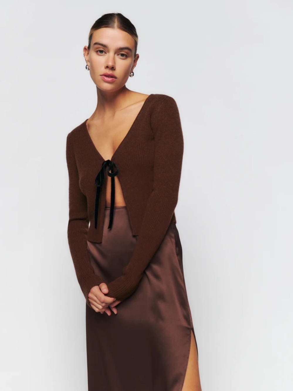Reformation Antoinette Cashmere Tie Front Cardigan in Brown